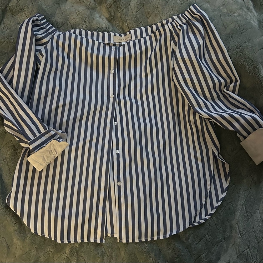 Blue and White Striped Off-Shoulder Top